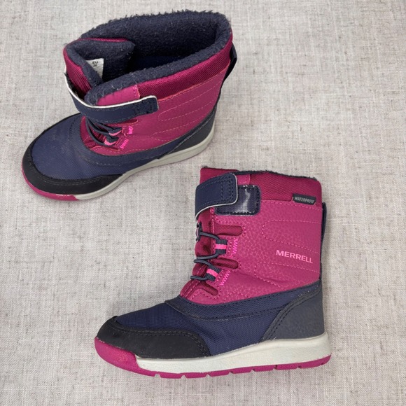 Merrell Waterproof Snow Boots Kids Winter Boots Pink Purple Lace Up Hook Loop 8 - Picture 1 of 11